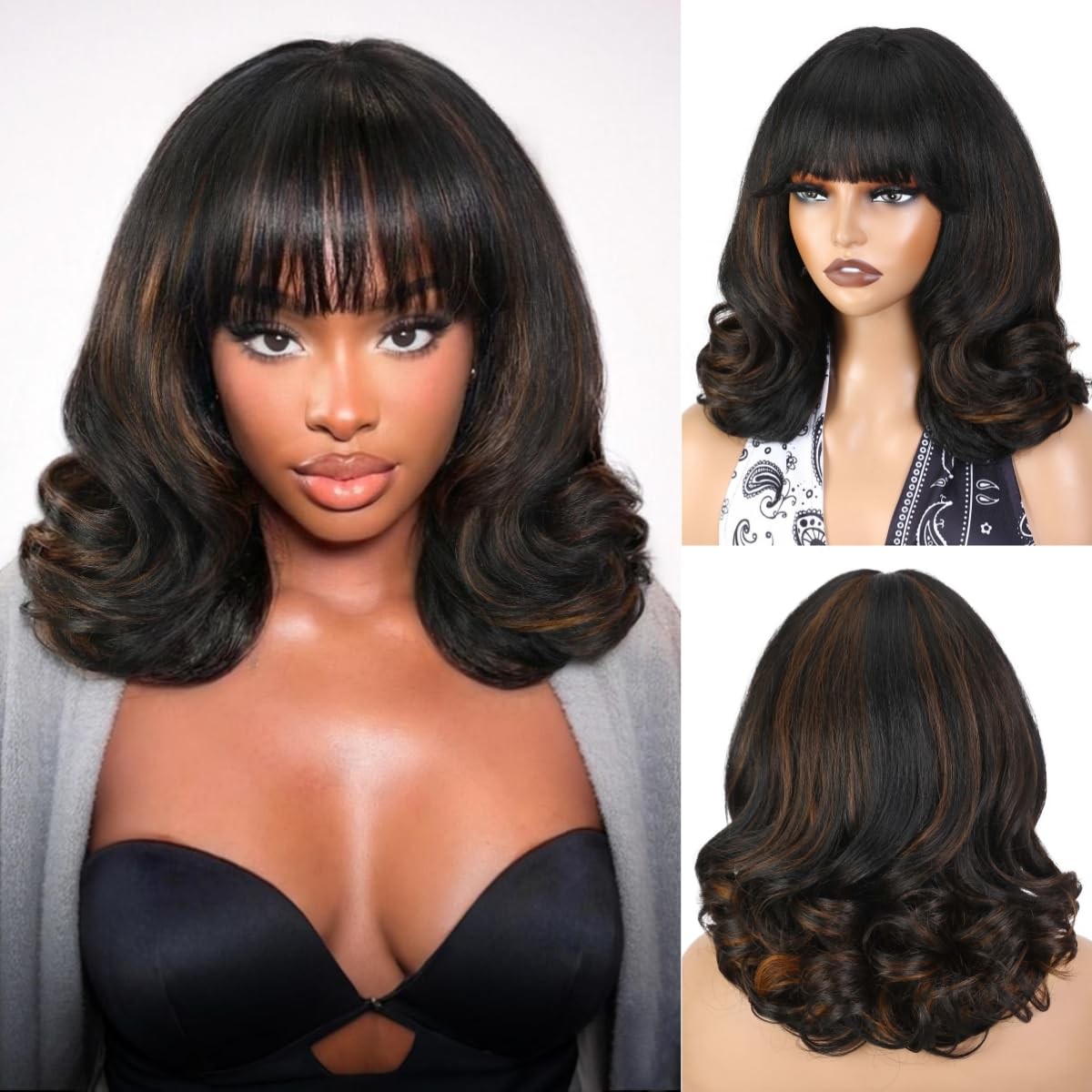 Wiger Short Yaki Wig Bangs Black Mixed Brown Natural Curly Bob Wigs For Women