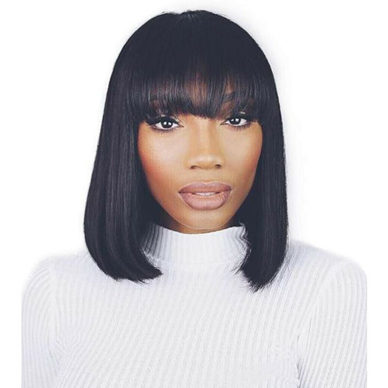 Human Hair Wigs with Bangs Brazilian Virgin Straight Hair Machine Made Bob Wigs