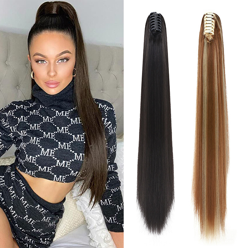 Claw On Clip In Ponytail Hair Extensions Straight Pony Tail Long Black Hairpiece
