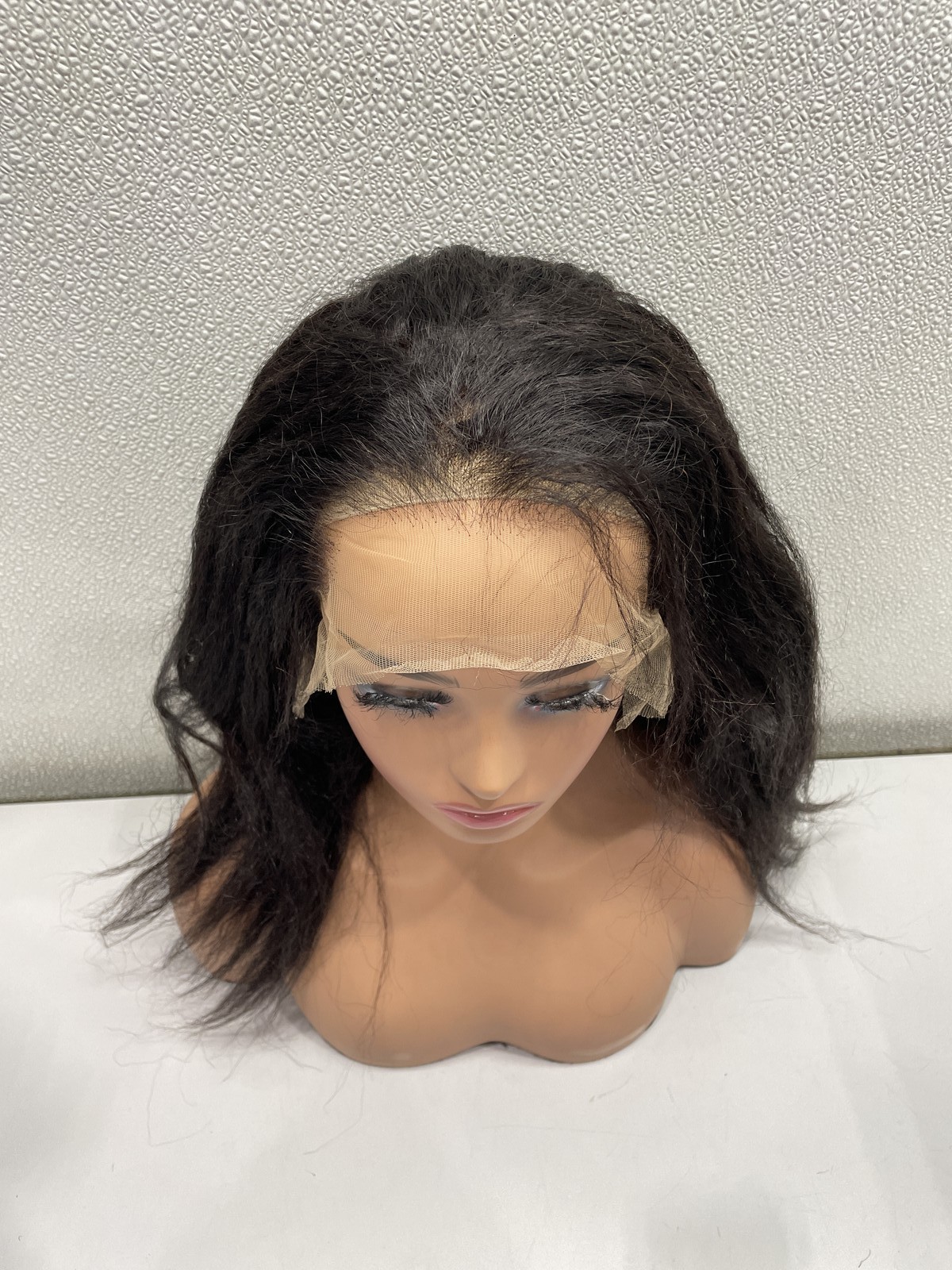 OQ Natural Black Kinky Straight Human Hair Lace Front Glueless Wig, 18″