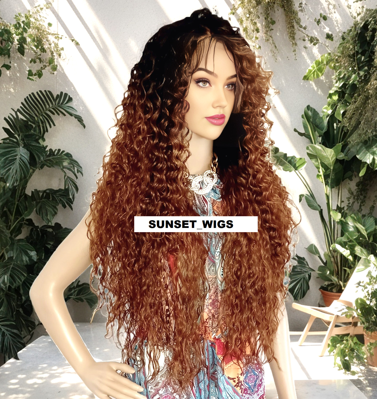 38″ FREE PART LACE FRONT WIG LONG CURLY LAYERED OMBRE BROWN AUBURN MIX