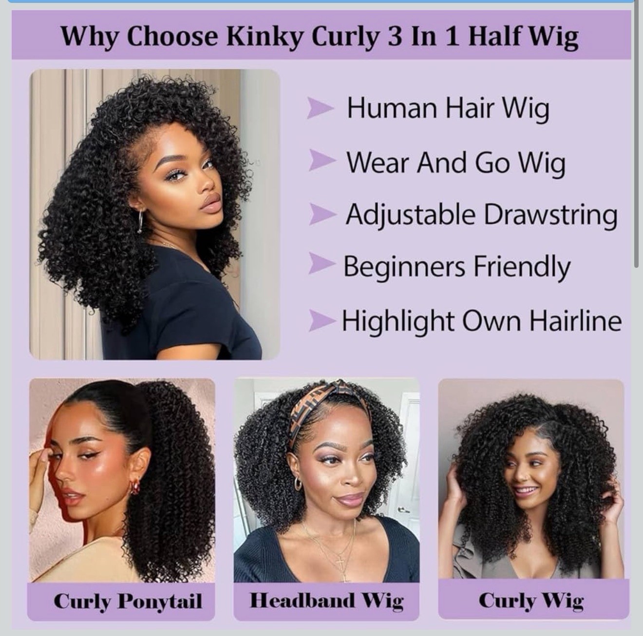Kinky Curly Half Wig Drawstring Human Hair Natural Black Full Volume