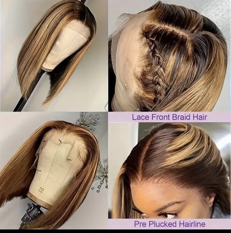 Dark Brown & Blond highlights 8” Bob Lace Front 100% Human Hair 180 % Density.