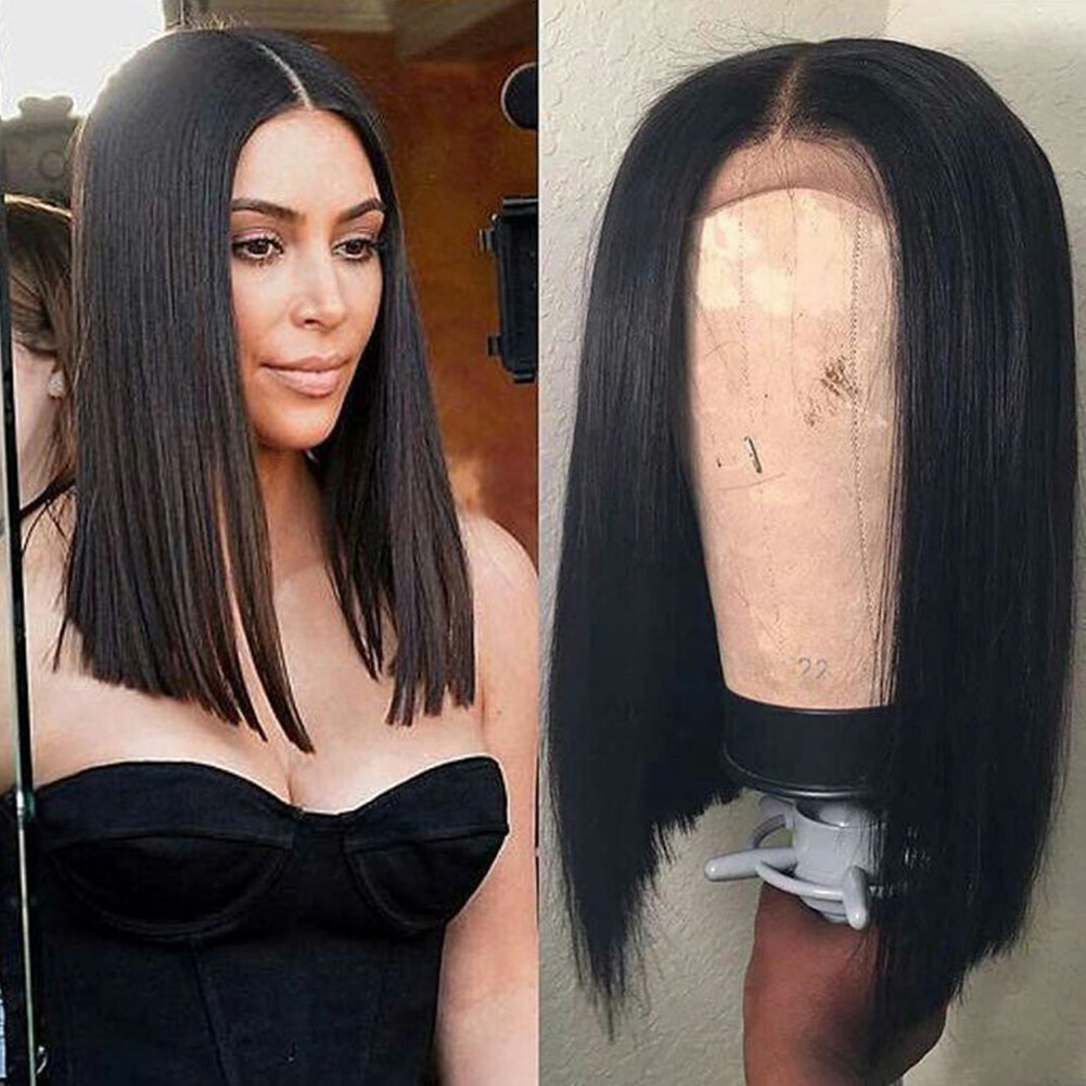 Heat Resistant Short Bob Synthetic Lace Front Wigs Glueless Black Straight Hair