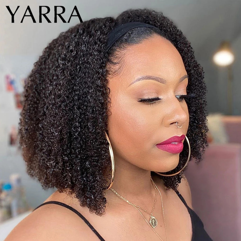 Afro Kinky Curly Human Hair Headband Wig For Black Women 180% Density Glueless