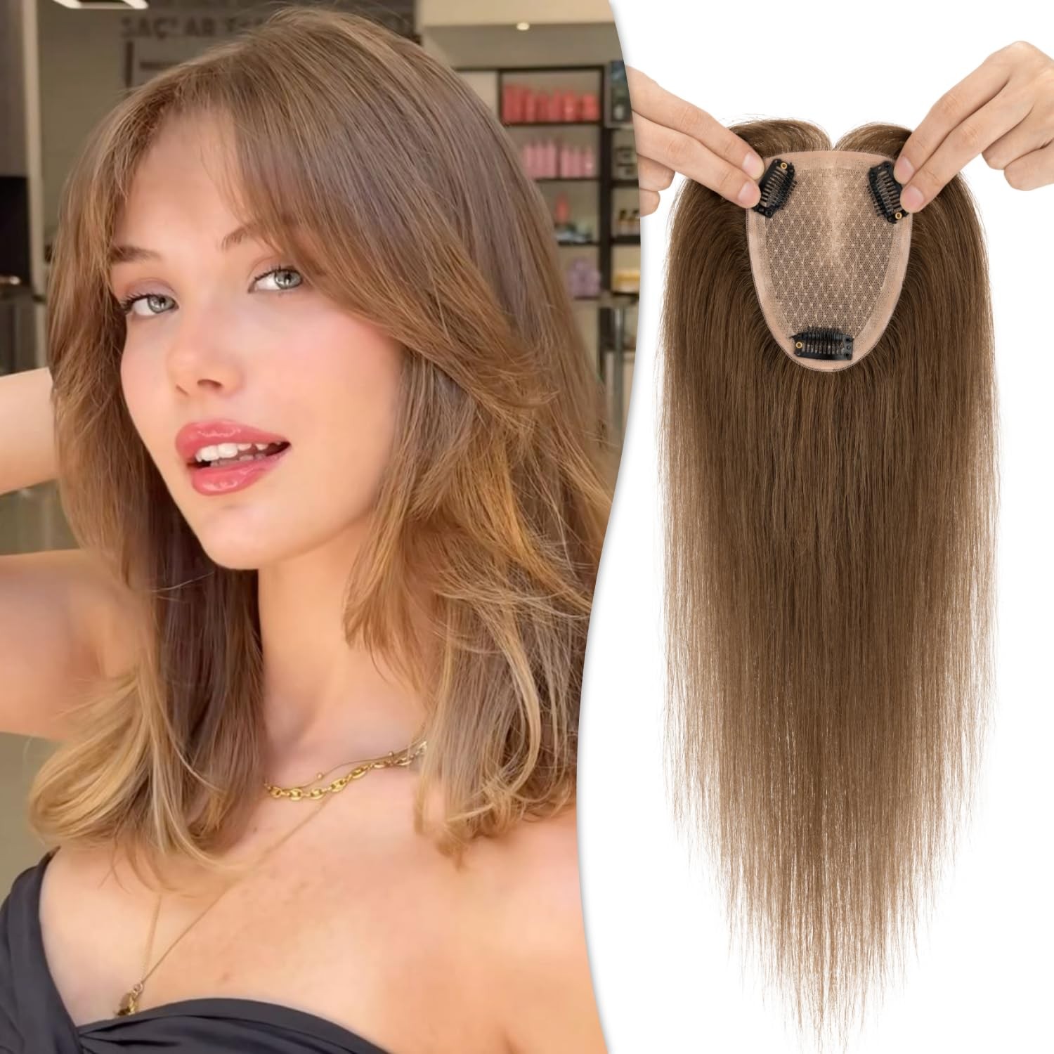 Medium brown 10-inch human hair topper, 100% Remy, 150% density, sleek, no bangs