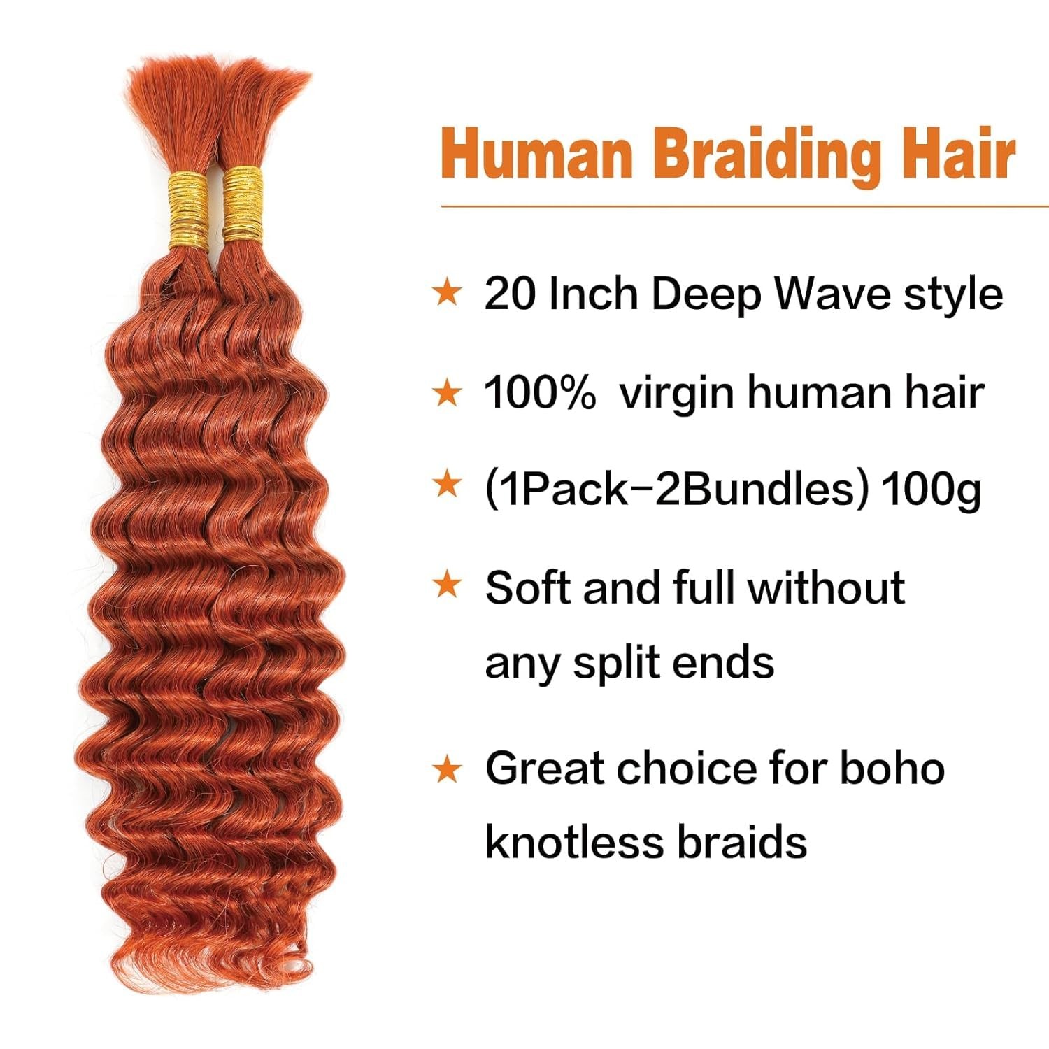 Xddnamei Ginger Orange 350 Deep Water Wave Bulk Human Braiding Hair 2 Bundles