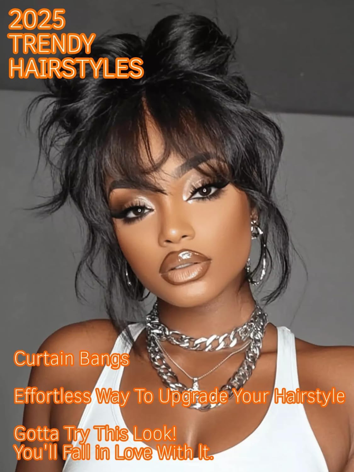 13×4 HD Glueless Lace Frontal Wig – 18″ Loose Wave with Curtain Bangs, Pre-Pluck