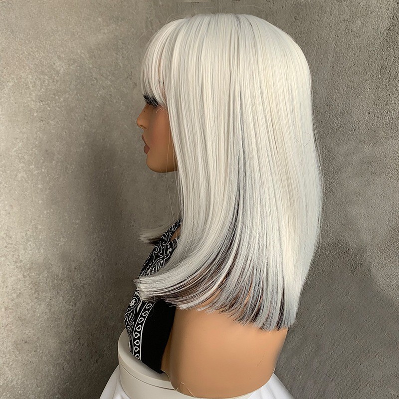 Silver Gray Bob Wig with Bangs for Women Girls Party Cosplay Gray Mix Black Wig