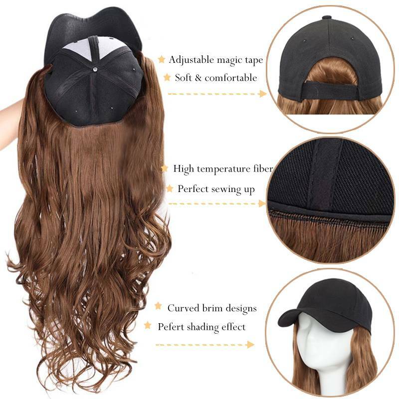 US Women Baseball Cap with Synthetic Wig Long Wavy Full Wigs Hat for Natural Use