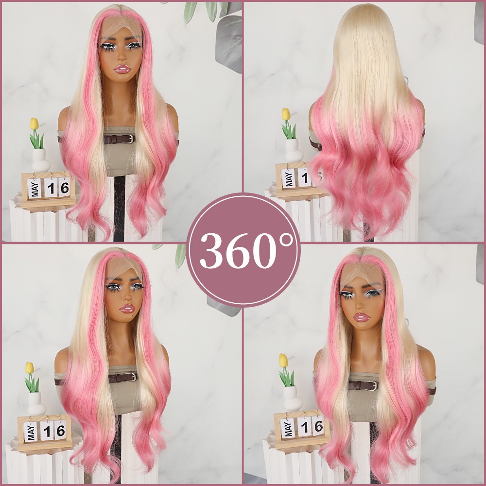 Pink Ombre Blonde Glueless Lace Front Wigs Body Wave Mixed Color Women Party Use