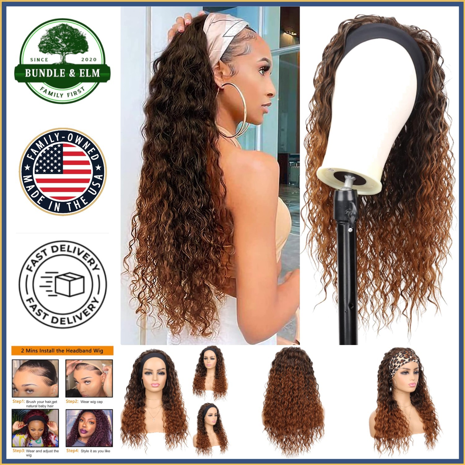 Comfortable Curly Headband Wig, 24 Inch Synthetic Hair with Earrings Included