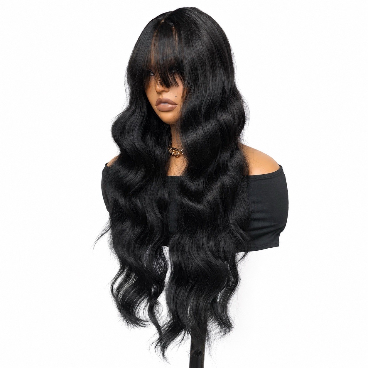 Synthetic T-Part Lace Wigs Bangs Loose Wavy Long Black Heat Resistant Natural