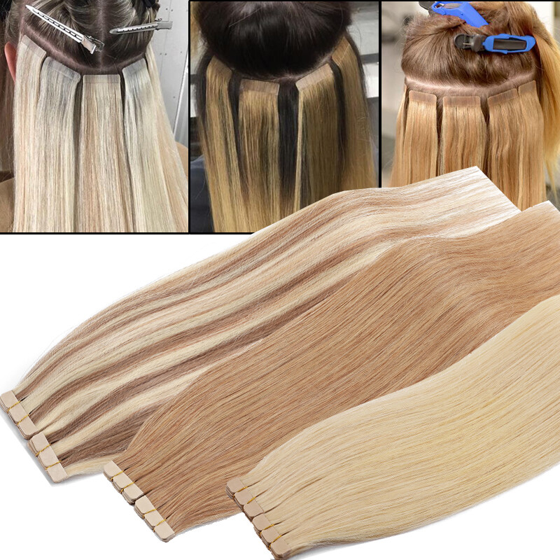 Tape In 100% Real Human Hair Extensions Russian Skin Weft Blonde 18″-24″ Long US