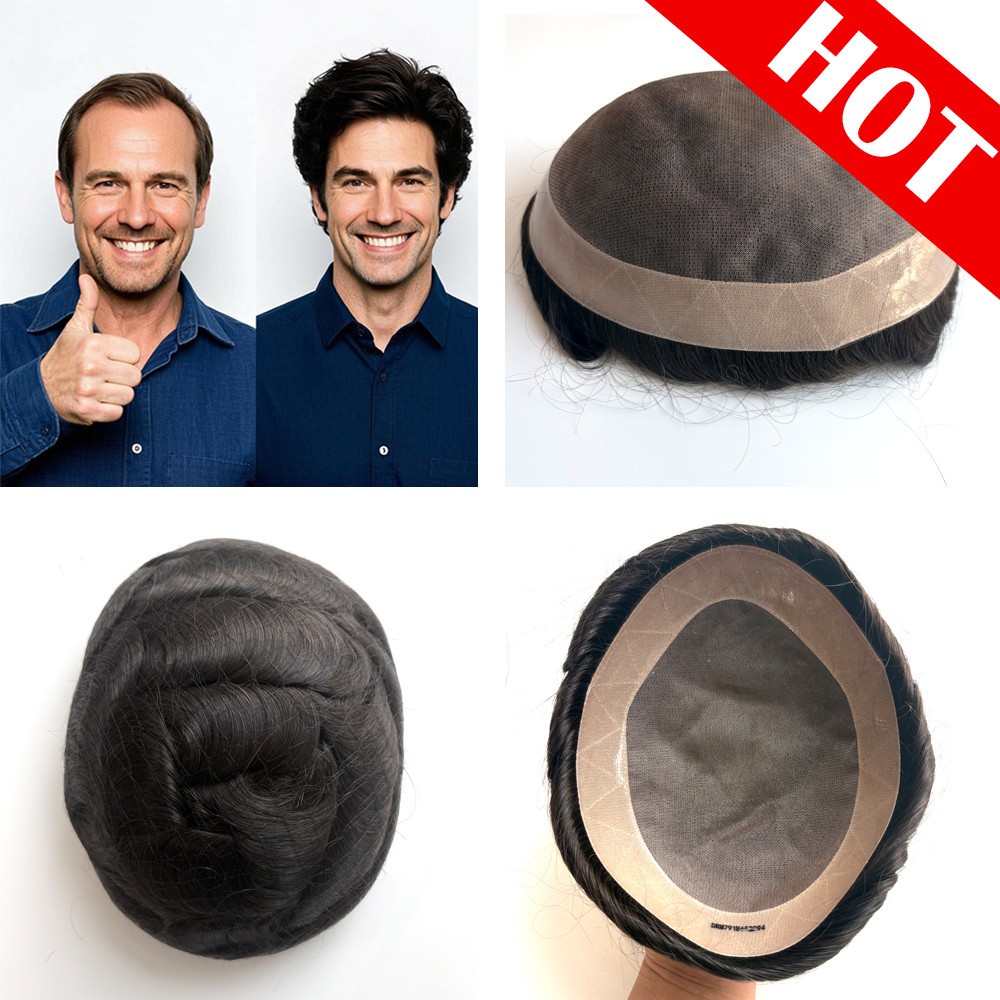 Durable Human Hair Hairpiece Hair Replacement Fine Mono Poly System Toupee #1B