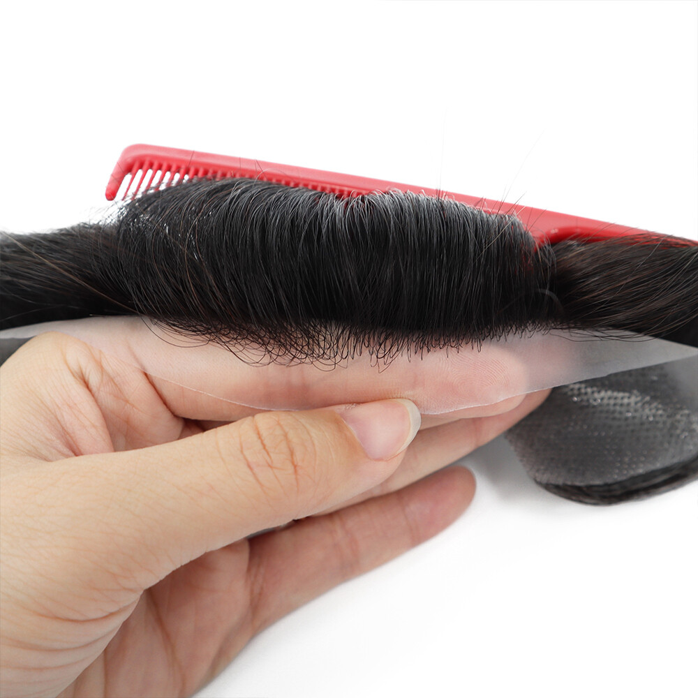 Mens Frontal Thin Skin V Loop Human Hair Natural Black Fringe Receding Hairline
