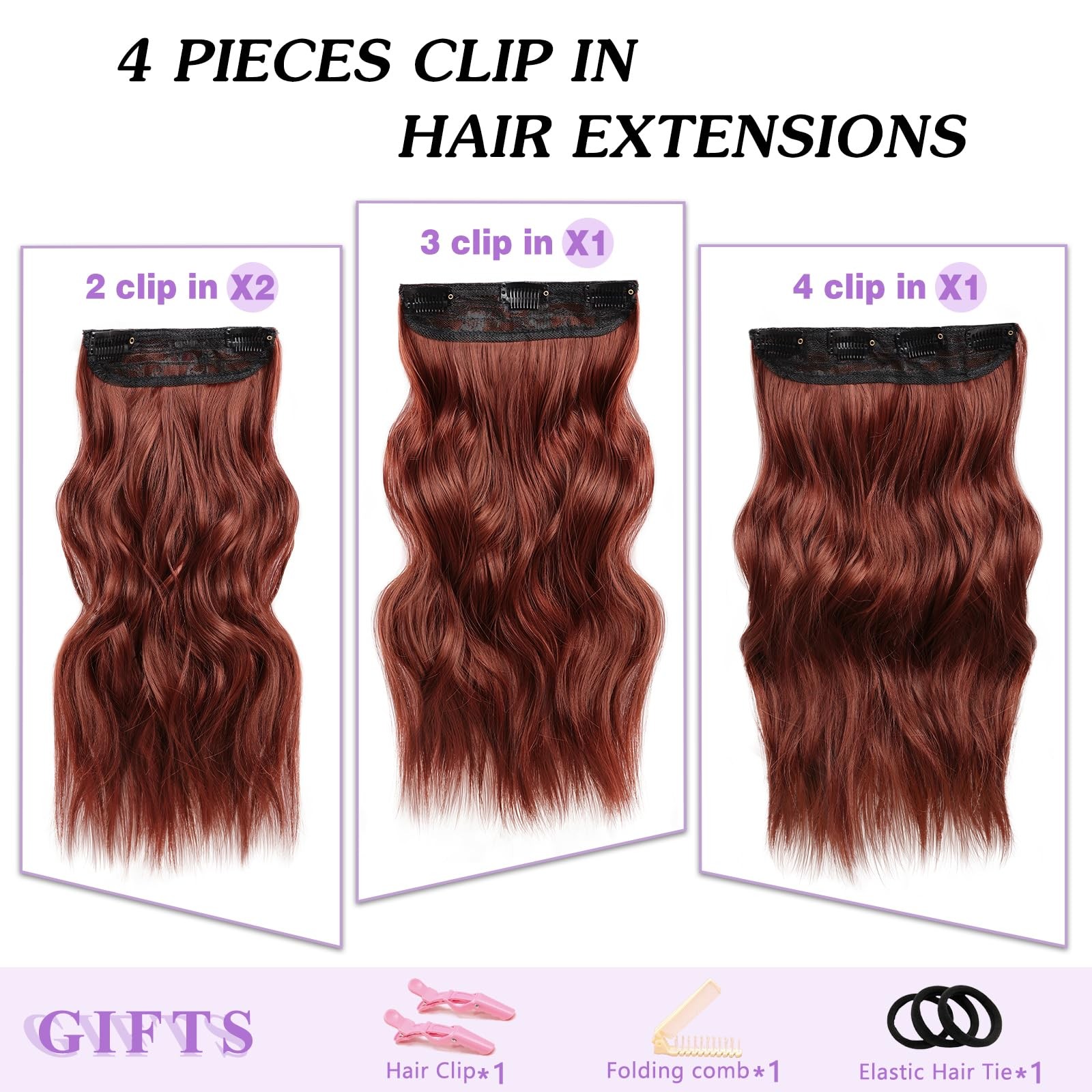NAYOO 4PCS Clip-in Hair Extensions Long Wavy Curly Synthetic Thick Hairpieces Wi