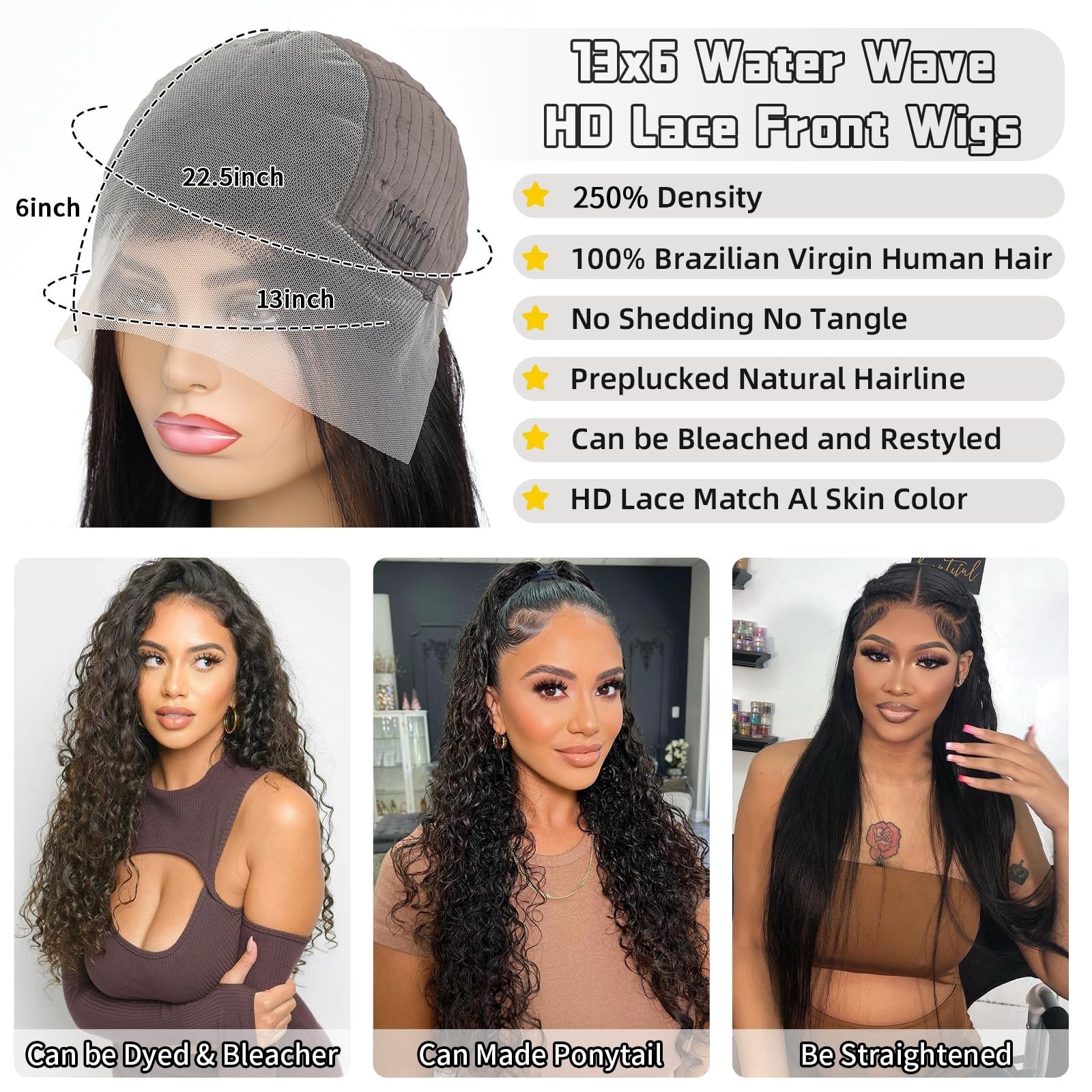 30″ 13×6 Water Wave Lace Front Wig – HD Transparent, Glueless, Pre-Plucked, Deep