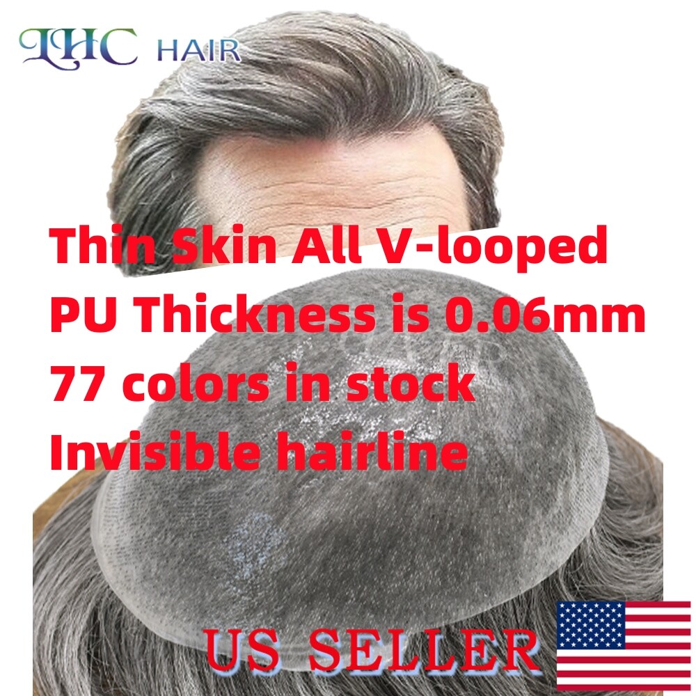 Thin Skin Mens Toupee Human Hair Replacement System V-looped 0.06mm PU Hairpiece