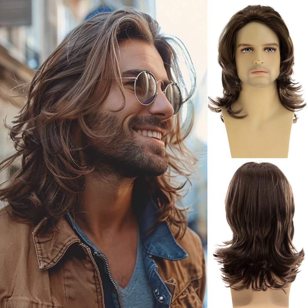 Dsimeig Long Wavy Brown Wigs for Men Natural Layered Rocker 22.5 Inch, brown