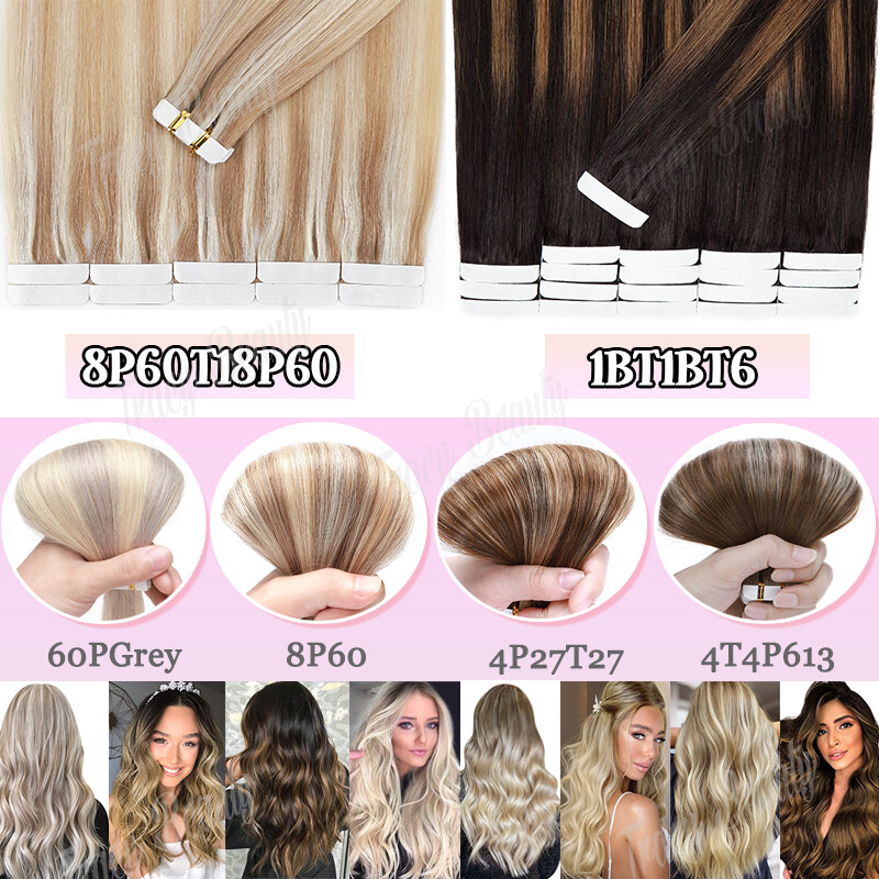 Any Color Tape In/ on 100% Human Real Remy Hair Extensions Skin Weft Invisible