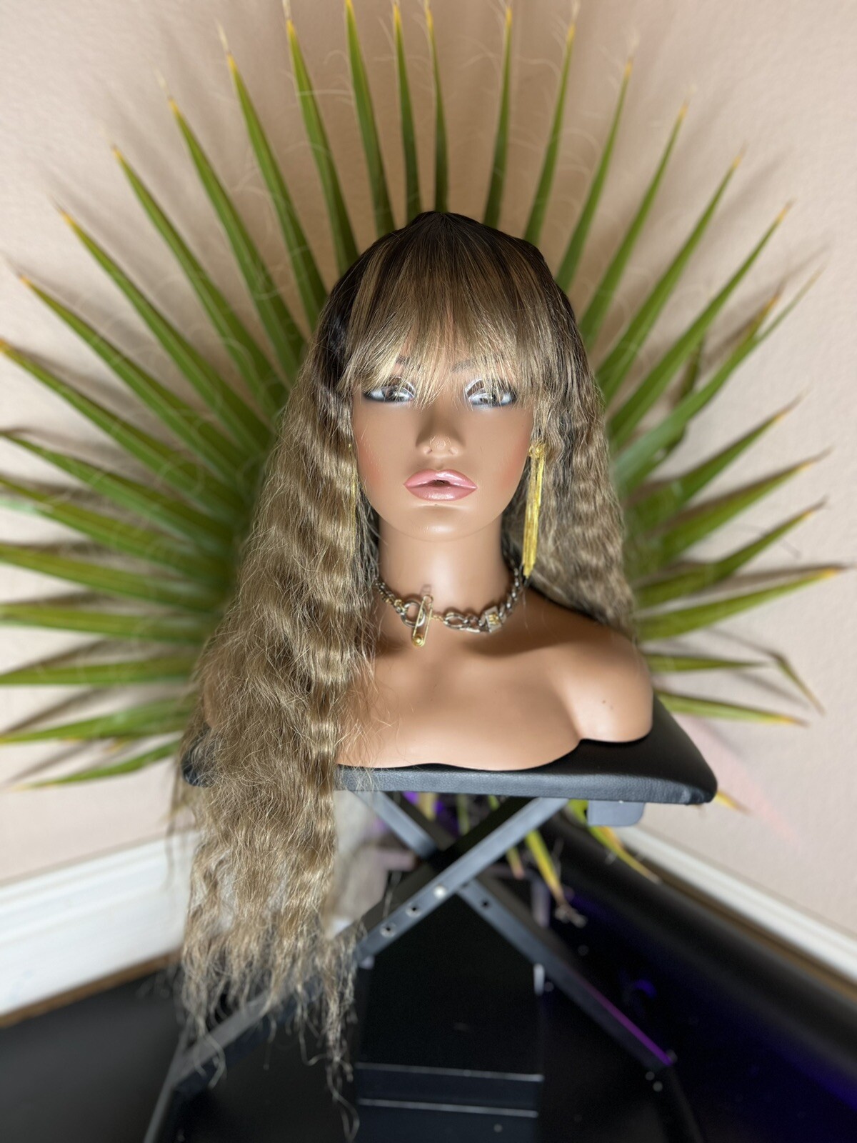 Honey Golden Blonde Wig Darker Brown Roots With Bangs Ombré 22 Inch Long Heat Ok