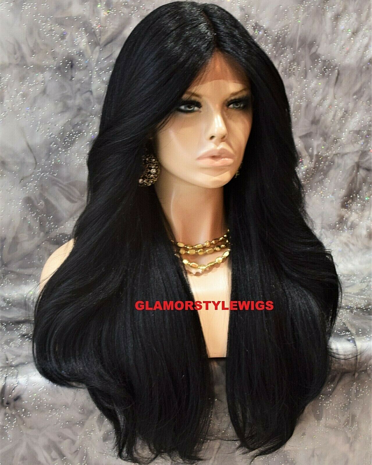FREE PART LACE FRONT FULL WIG LONG LAYERED STRAIGHT JET BLACK #1 HEAT OK NWT