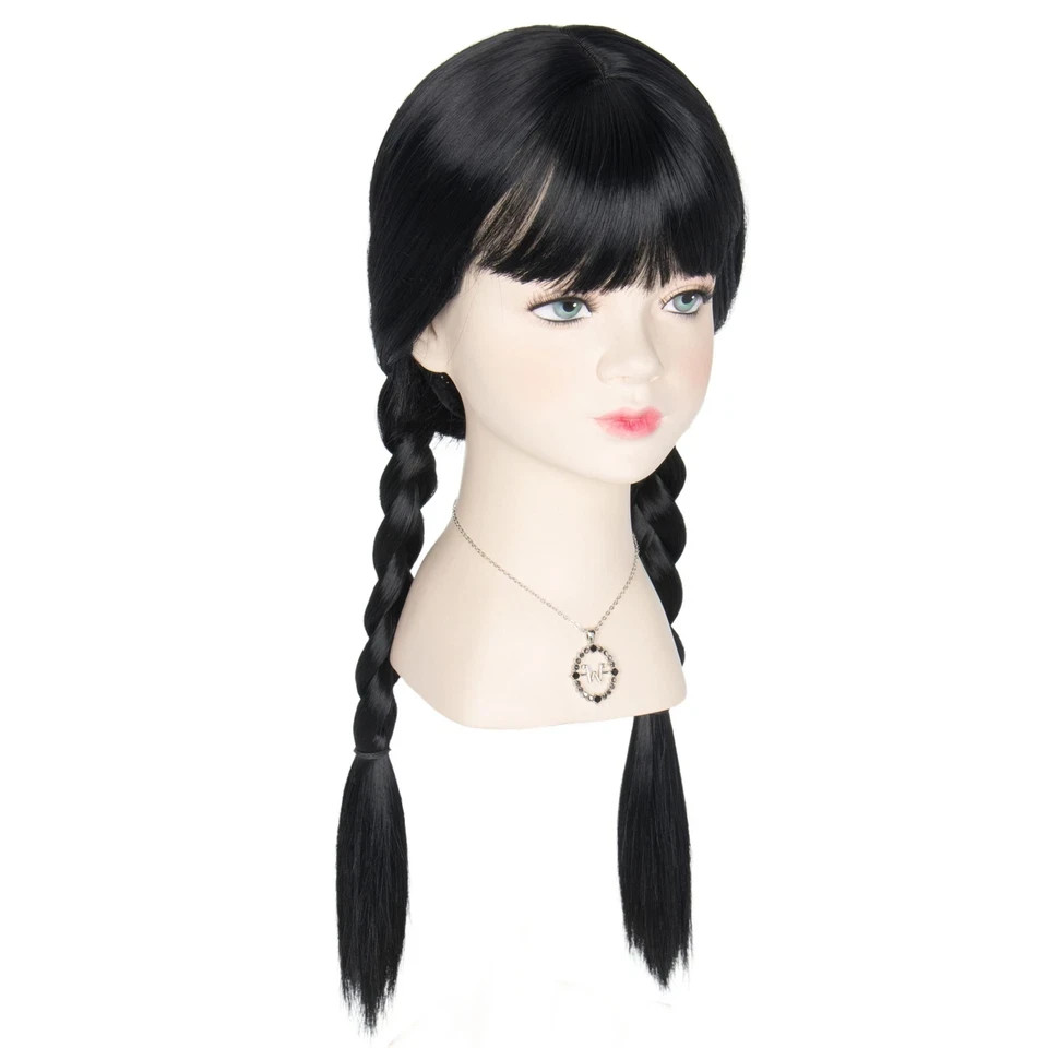 Long Straight Black Braids Wig with Bangs for Girls Child Halloween Party Cos…