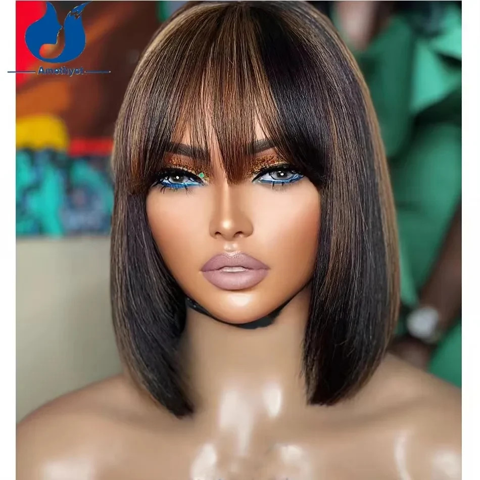 Brown Highlight Full Machine Made Human Hair Bob Wig with Bangs Scalp Top Blunt