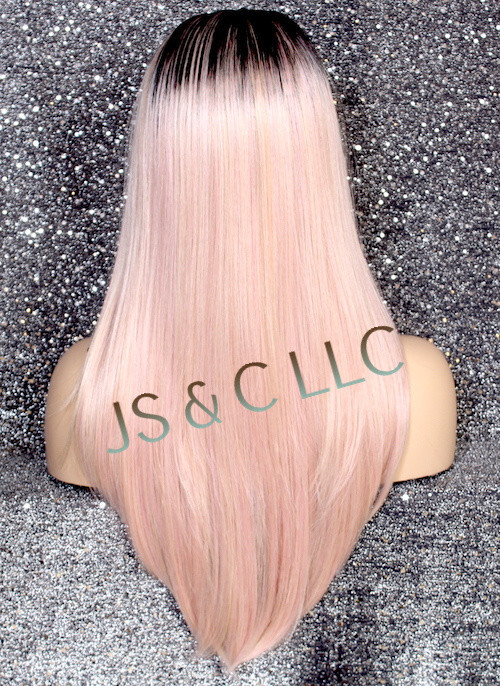 Human hair Blend Lace Front Wig Hand Tied Rose Gold Pink Long Straight Heat OK