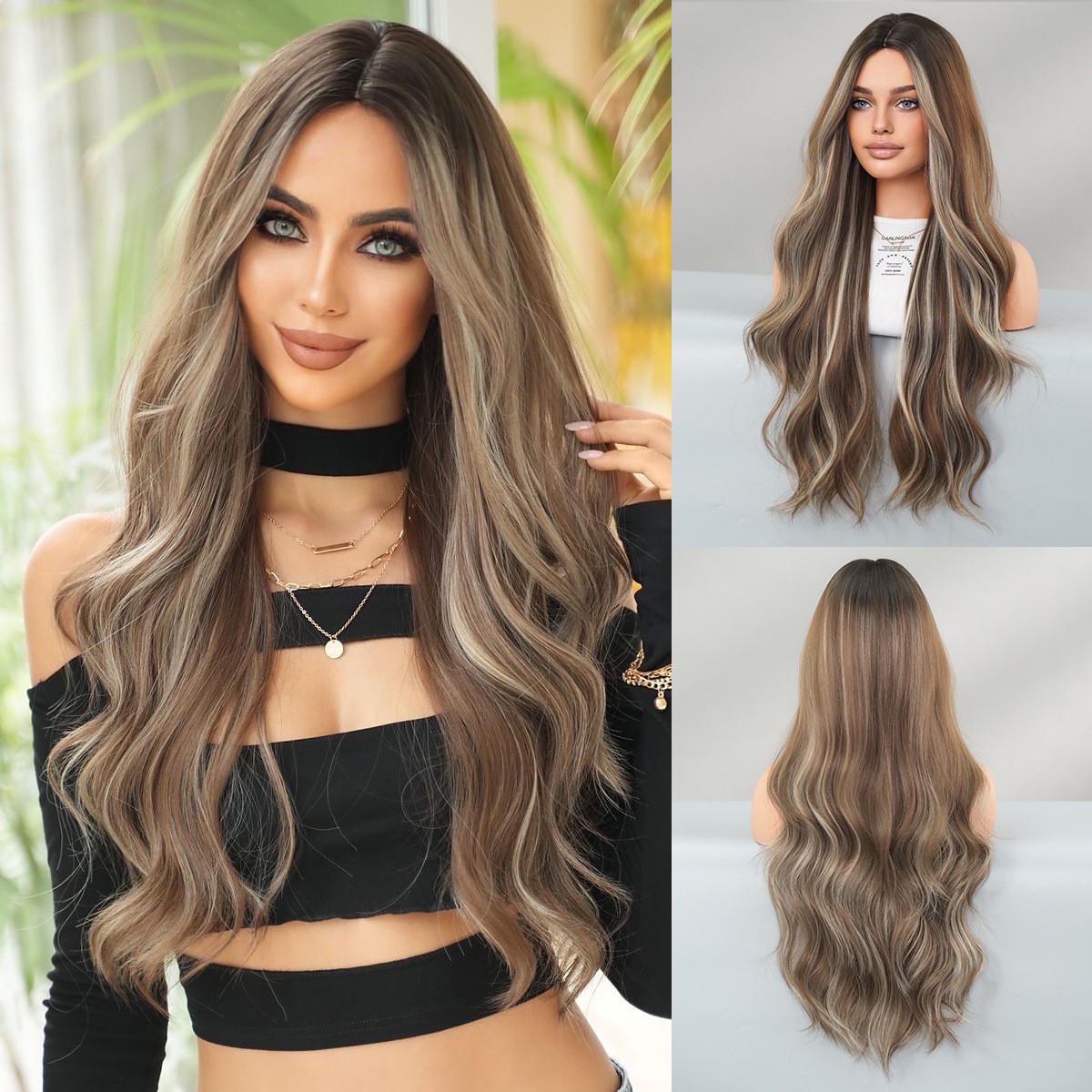 Multi Color Optional Middle Part Highlight Long Curly Wig Body Wave Synthetic