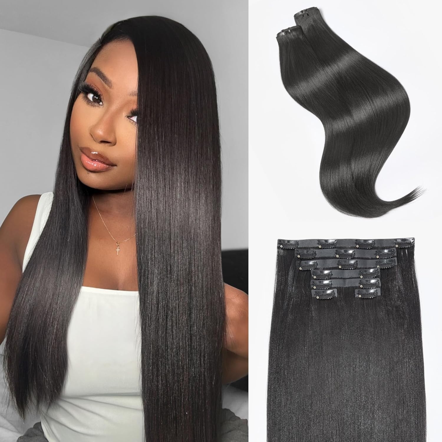 LUVME Seamless Clip in Hair Extensions Yaki Straight, 2 Pack 18 Inch 100g 7PCS,