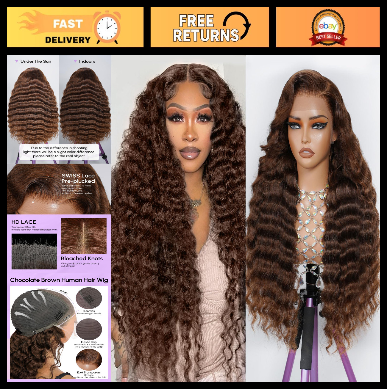 28″ Chocolate Brown Deep Wave Lace Front Wig, 200% Density, HD Lace, Curly, Pre-