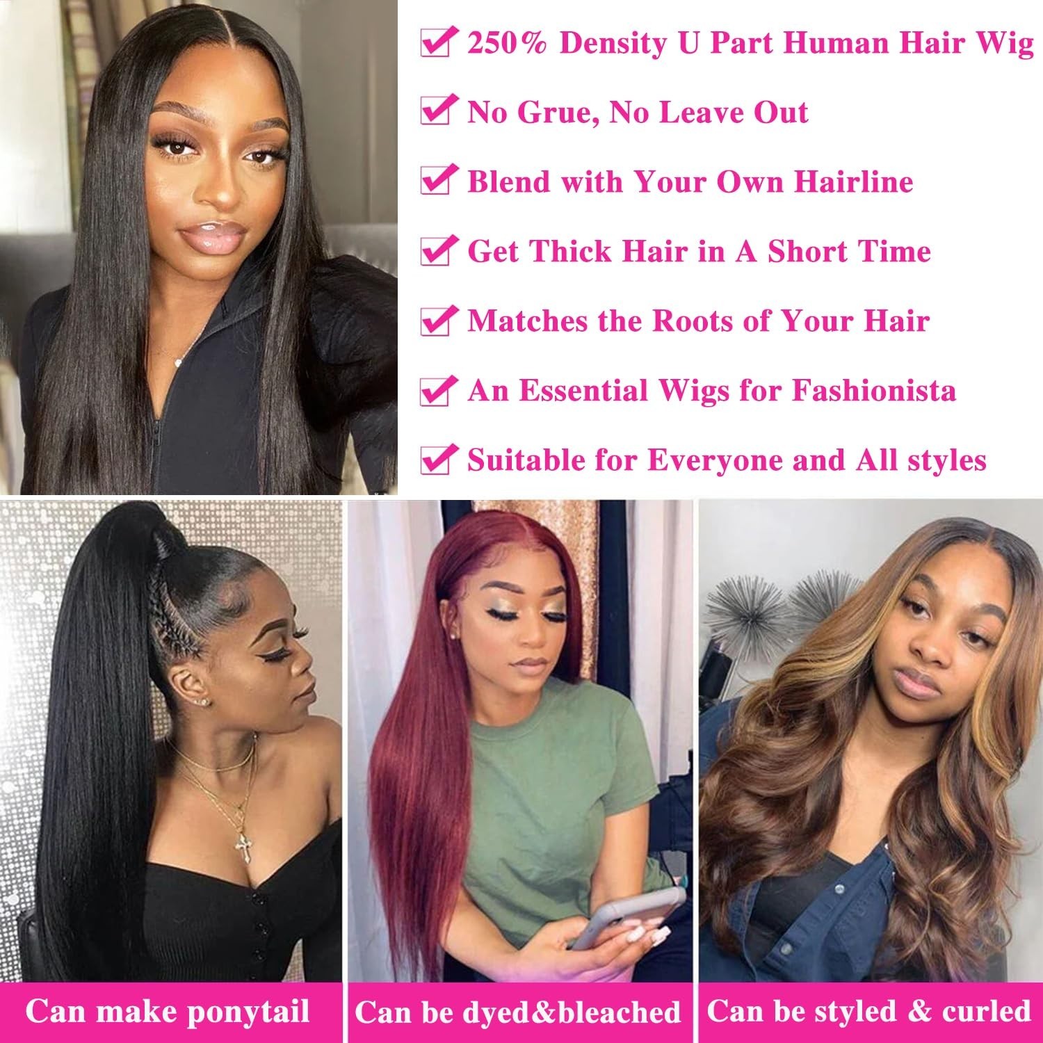 250% Density U Part Human Hair Wig – Straight Clip-In Half Wig, No Glue, 18″ Nat