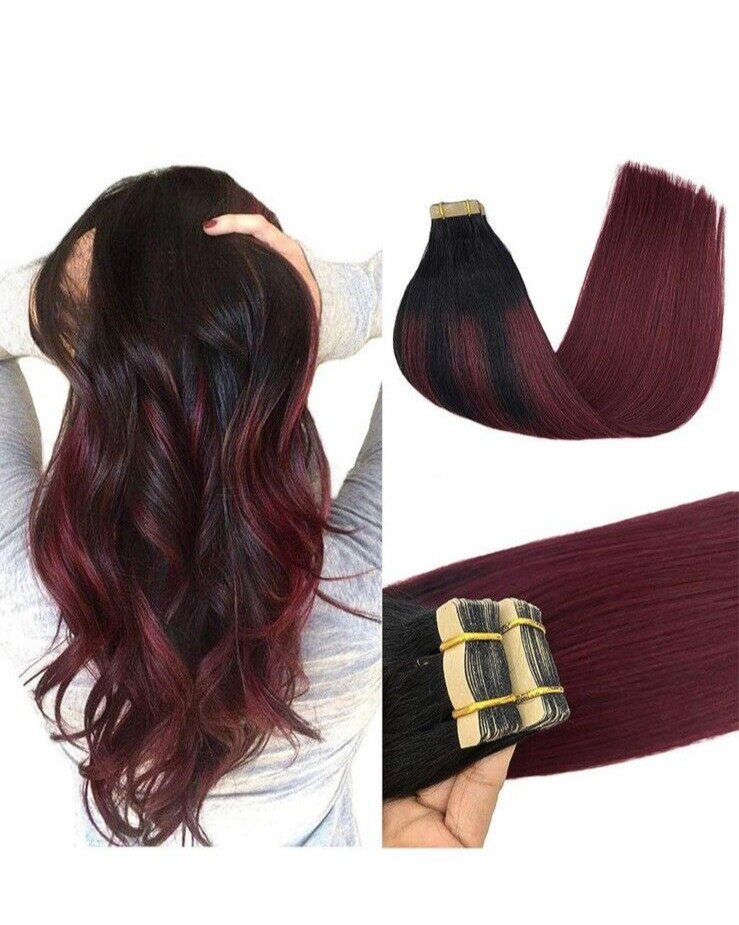 16 + 18 INCH GOO GOO RED/BURGUNDY TAPE IN HUMAN HAIR EXTENSIONS
