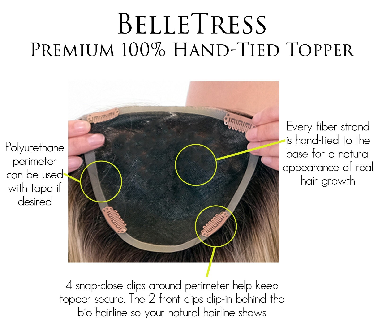 PREMIUM HAND-TIED WAVE TOPPER by BelleTress, 14″ or 18″, *ALL COLORS* New