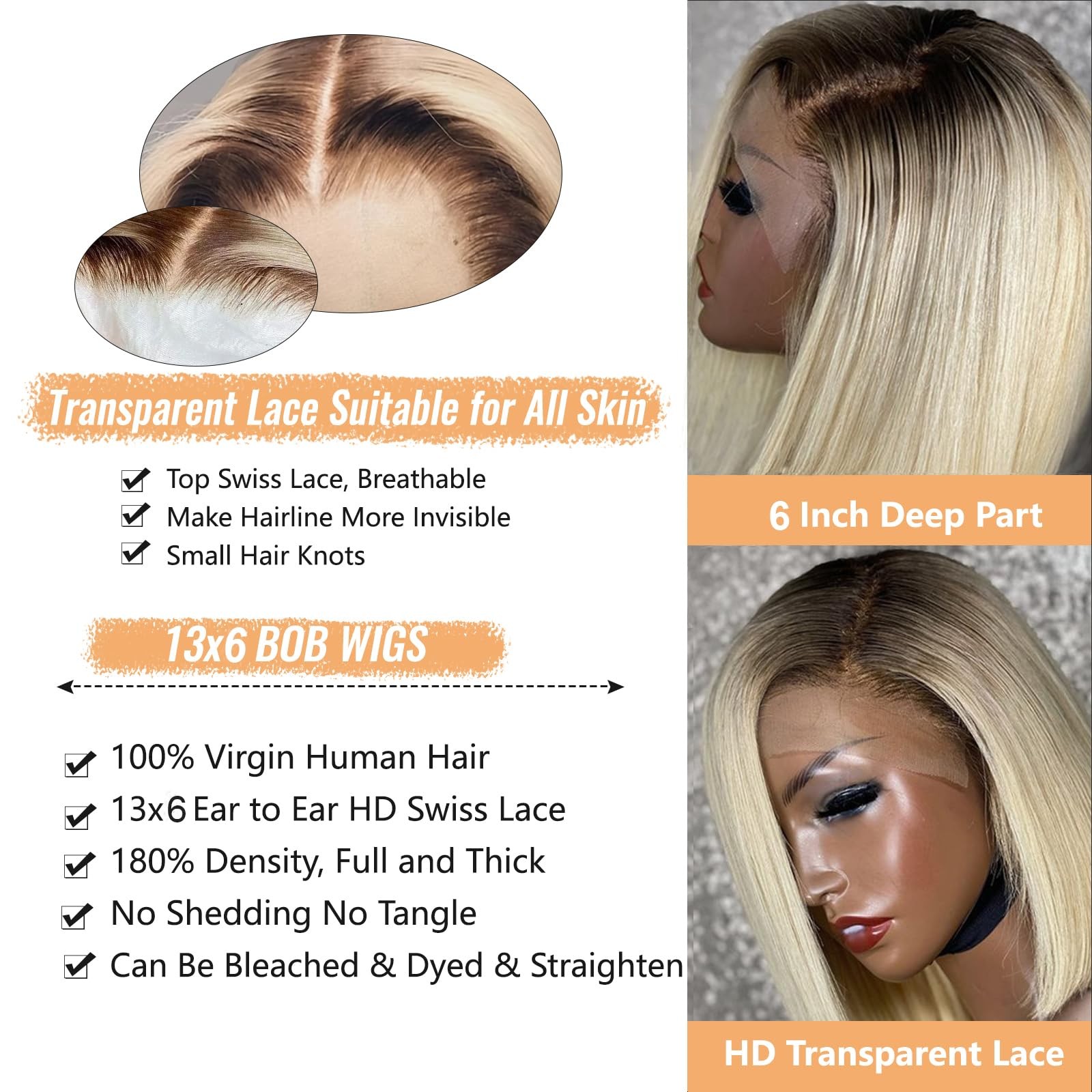 Munx Upgrade-1B613 Blonde Bob Wig Human Hair 8 13X6 Ombre Blonde Bob Lace Front