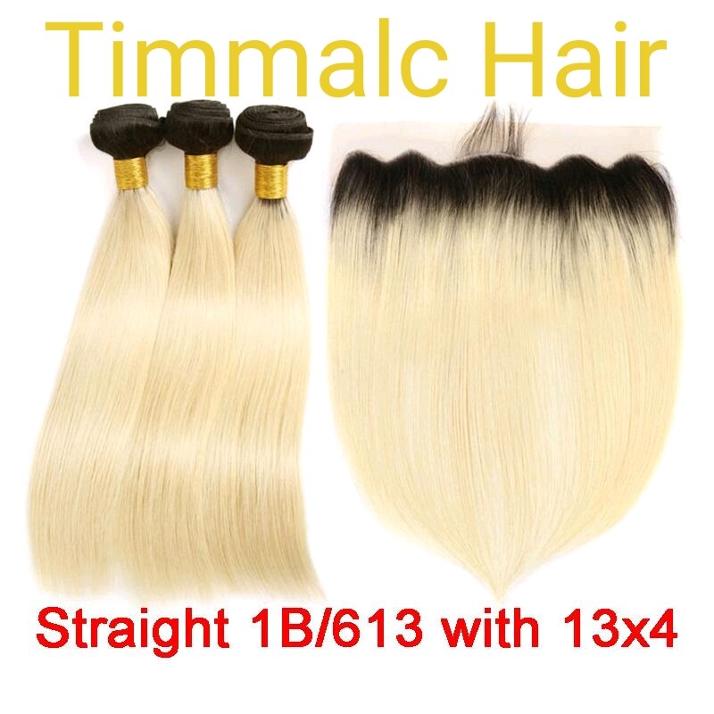 12A Brazilian Human Hair Weft 3/4 BUNDLE+LACE FRONTAL 13X4=Full Head 1B/613 ROOT
