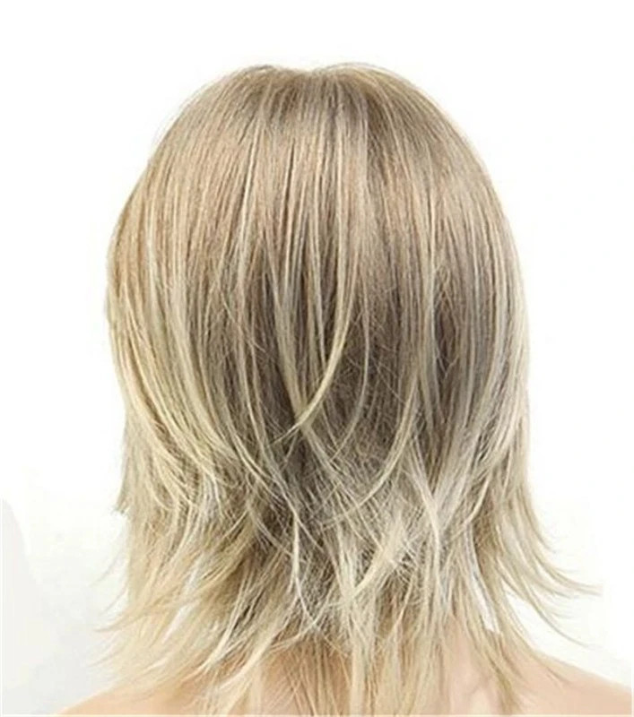 Men’s Wig Med-Length Casual Light Brown Straight Human Hair Wig+Wig Cap
