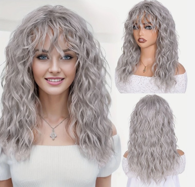 Curly Wig with Bangs for Women Long water wave Wigs with Bangs Gray Black Blonde