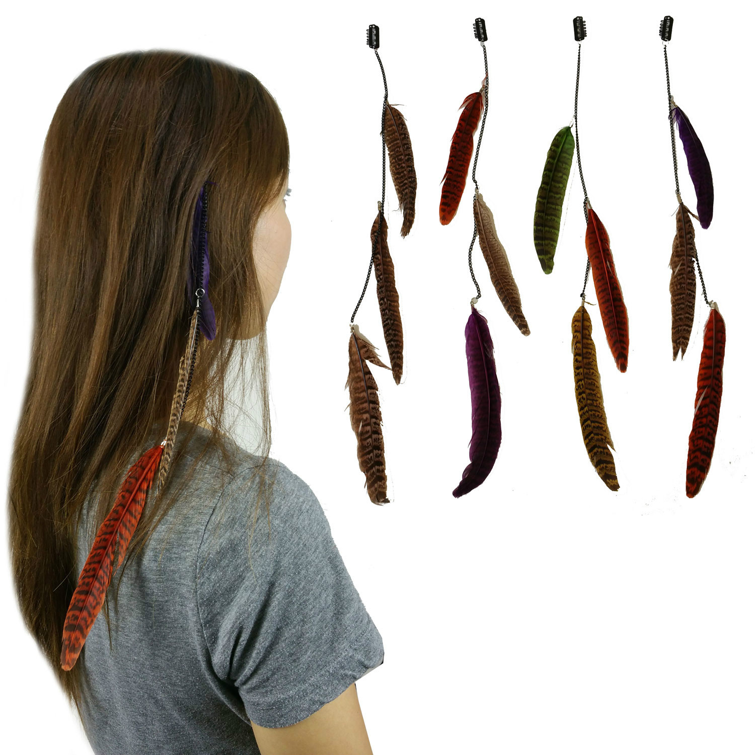 4 pcs Real Long Feather & Chain Hair Extension w/Clip On Comb Assorted
