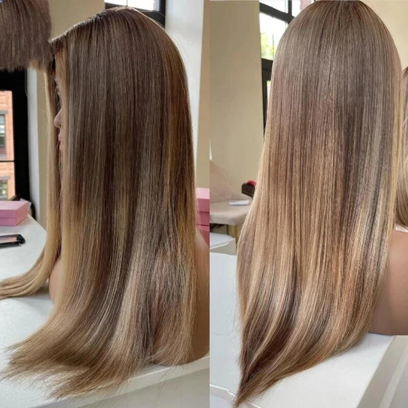 26Inch Human Hair Wig 13X4 Lace Wig Honey Blonde Brown Highlights Wig