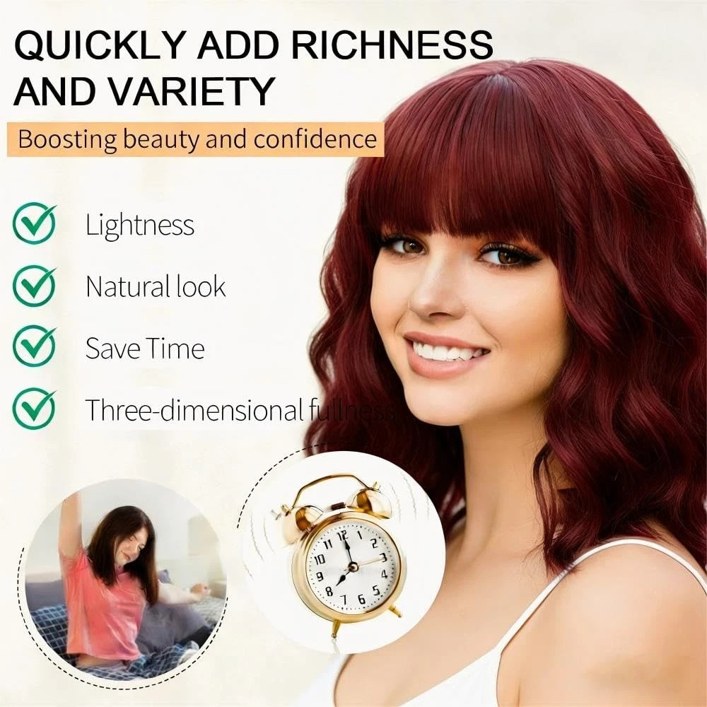 Short Red BOB Wave Wigs with Bang Shoulder Length Synthetic Hair for Women