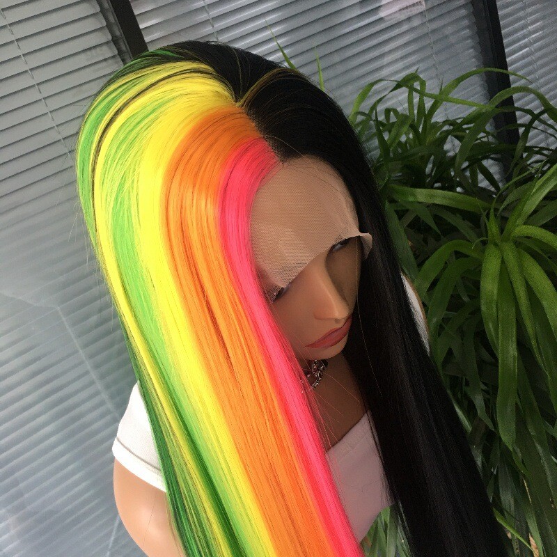 Long Straight Half Rainbow Half Black Lace Front Wigs for Women Party Wigs