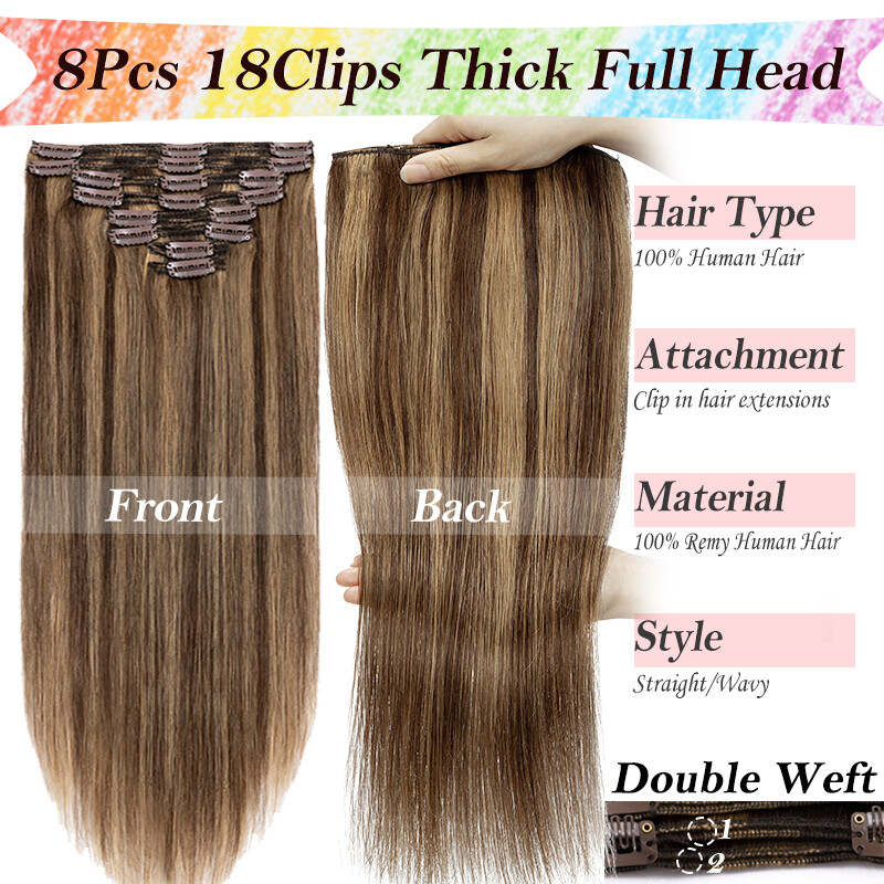 Thick Double Weft Clip In Real Remy Human Hair Extensions Full Head Highlight US