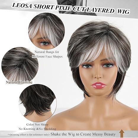 Short Grey Curly Wigs for Women Layered Silver Gray Pixie Cut Wig with Bangs