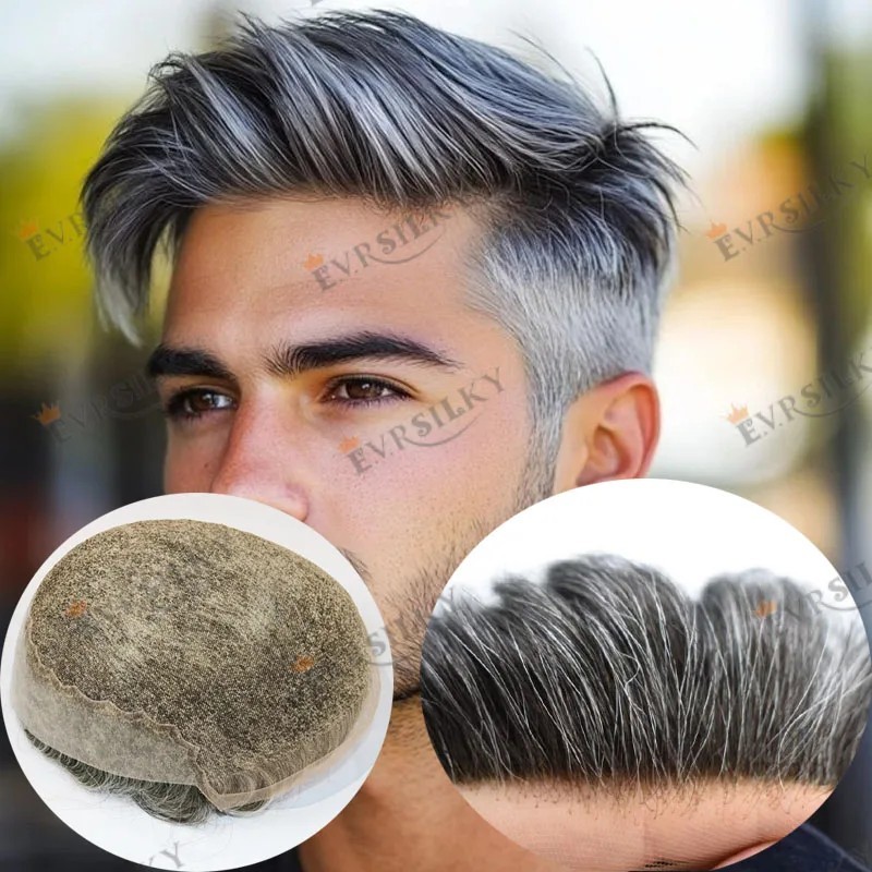 1B65 Grey Lace Front 100%Human Hair Men Toupee Q6 Breathable Swiss Lace& PU Base