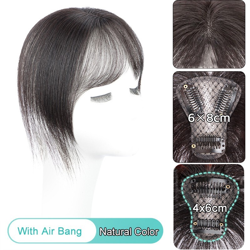 10″ 100% Human Hair Topper with Bangs Fringe Clip in Hairpiece Top Piece Toupee
