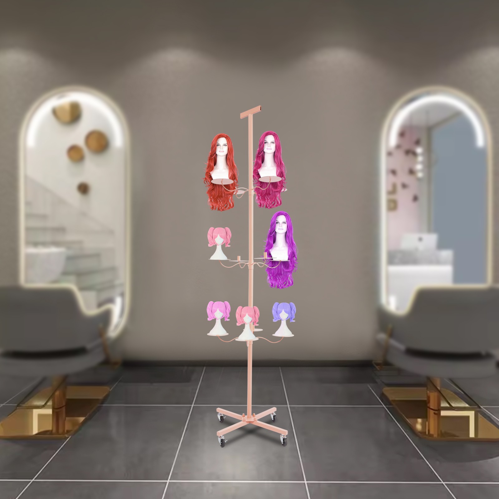 Pink 12-Head Heavy Duty Wig Stand Organizer | Metal Tripod Rack | Salon Display