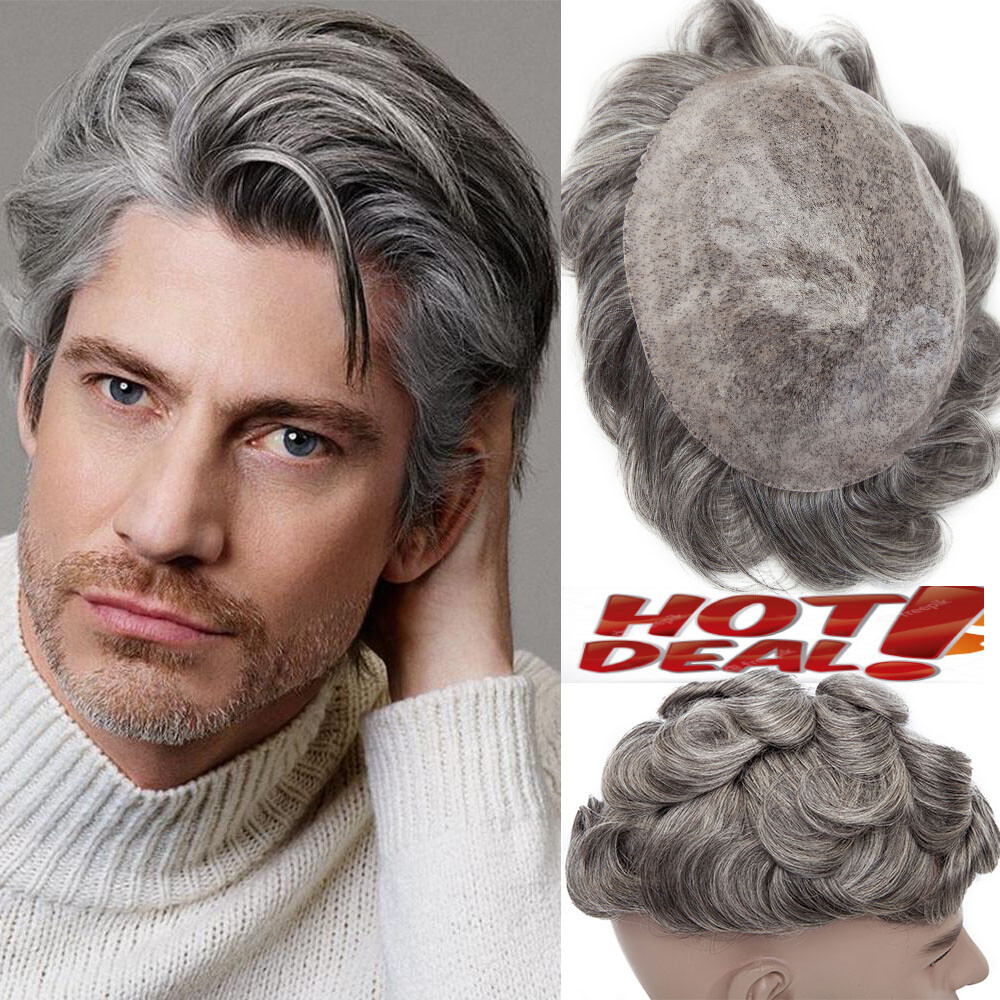GRAY Mens Toupee Human Hair Replacement System Mono Poly Skin PU Hairpiece Wig U